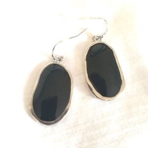 Silver Black Enamel Oval Earrings